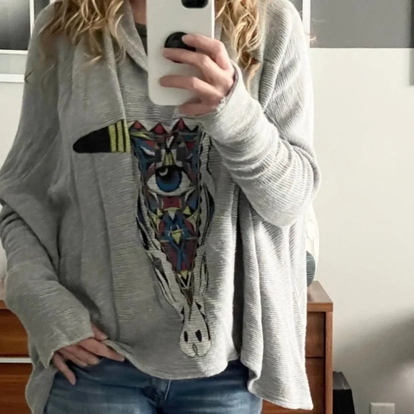 LAUREN MOSHI NWOT Wilma Large Aztec Bullhead Hoodie Sweater in Gray - Picture 2 of 7
